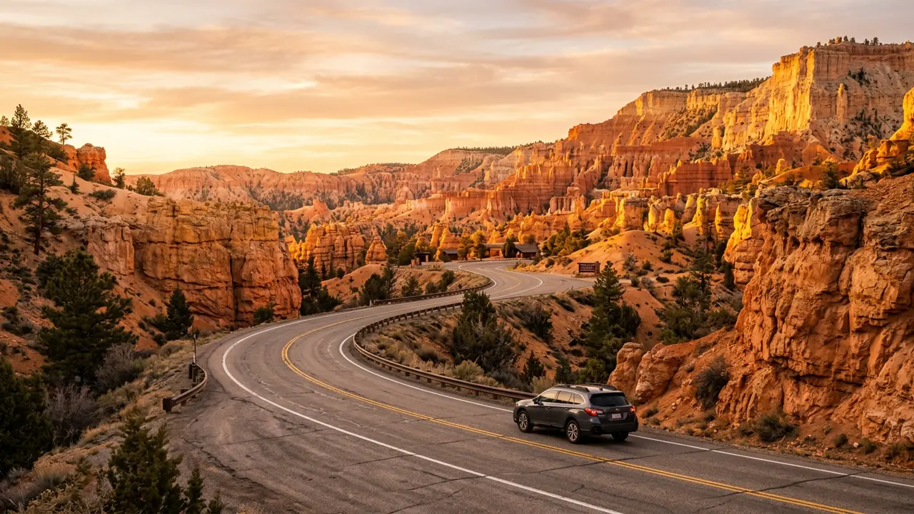 The winding UT-12 scenic highway that most visitors drive when getting to Bryce Canyon National Park, red rock cliffs lit gold at sunset, a single car on the two-lane road leading toward the park entrance