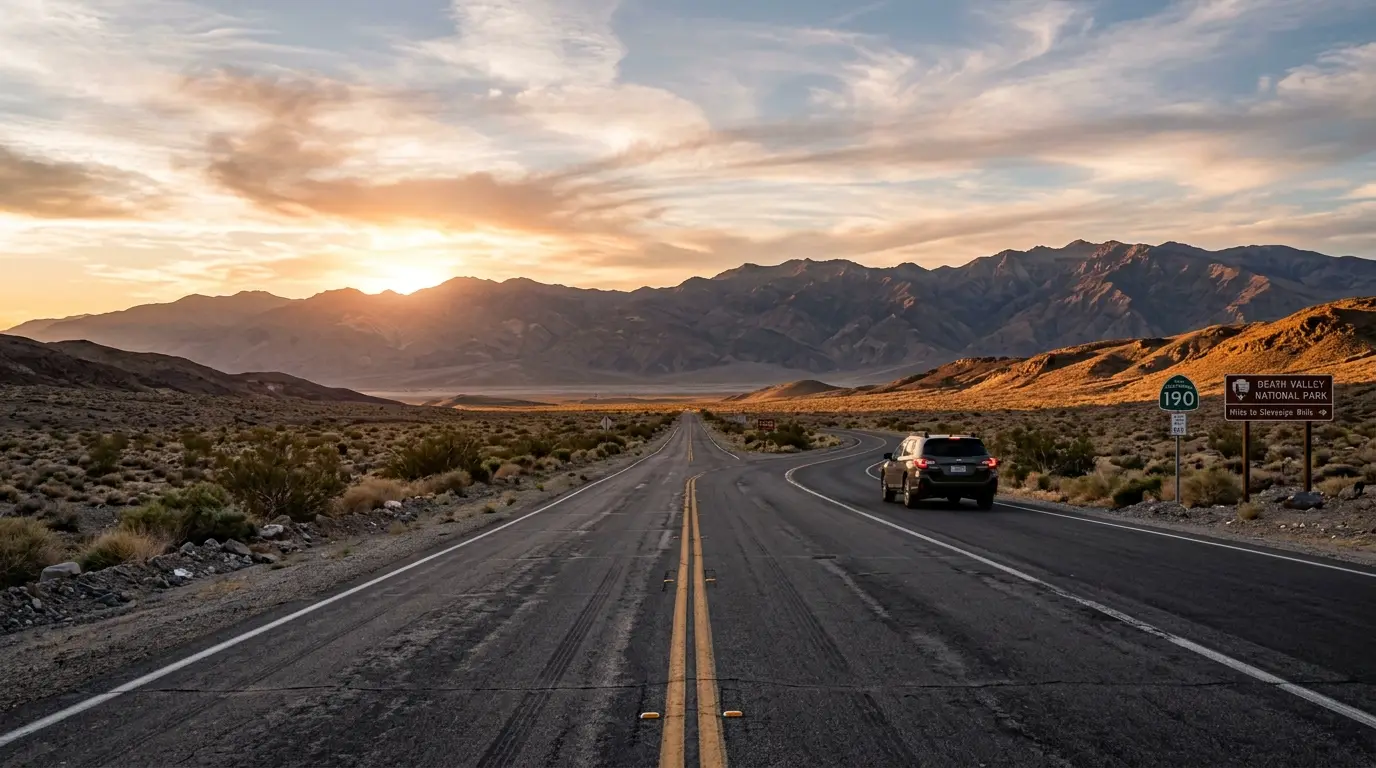 The paved desert highway most visitors take when getting to Death Valley National Park, sun low over the Panamint Range, a single car on the two-lane road leading into the valley from Las Vegas