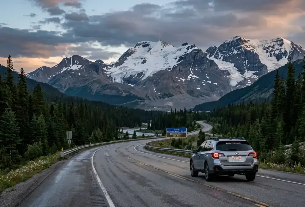A rental car on the paved Icefields Parkway highway approaching Jasper National Park at dusk, snow-capped Canadian Rockies peaks lining the road, getting to Jasper by car from Calgary