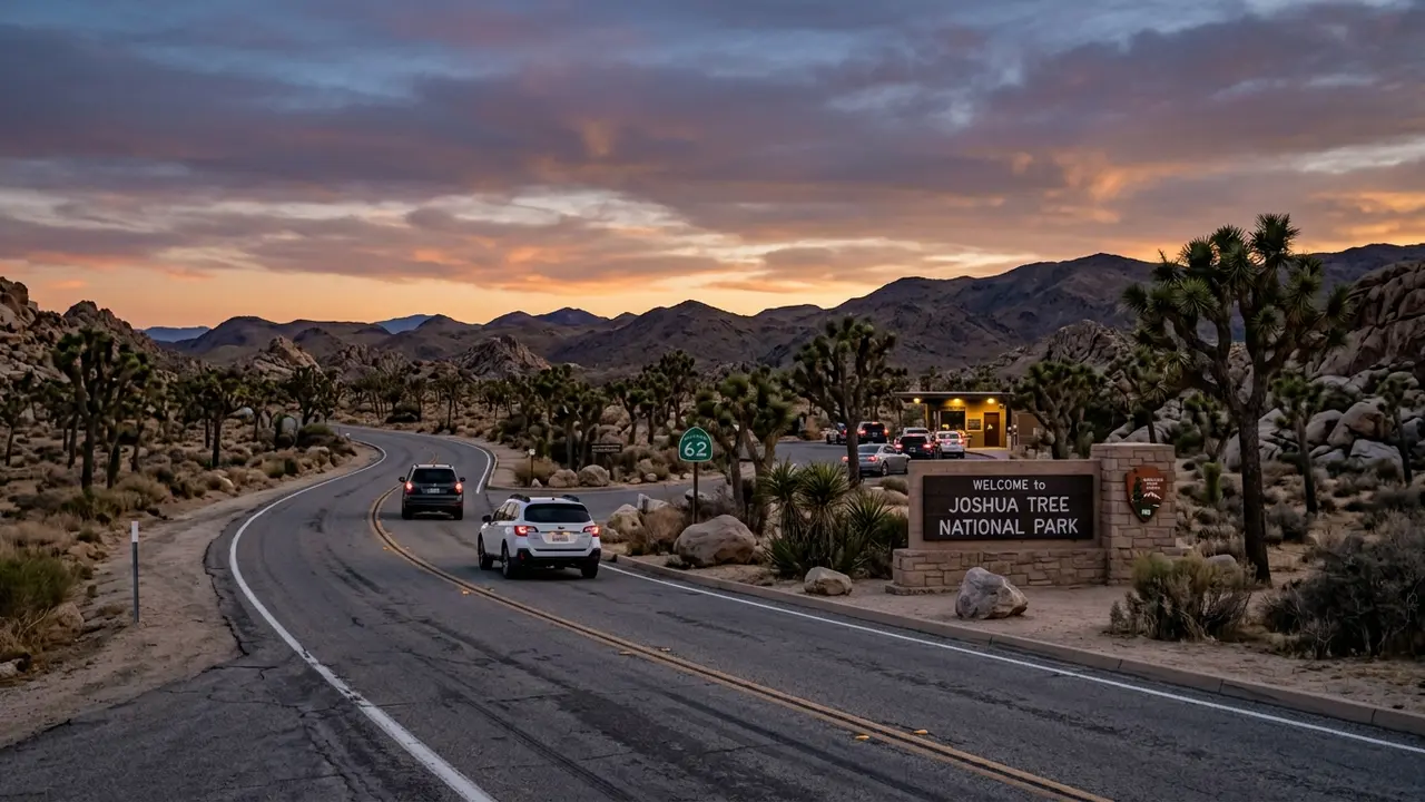 Two-lane desert highway approaching Joshua Tree National Park's West Entrance at dusk, the route most drivers take when getting to Joshua Tree from Los Angeles and Palm Springs