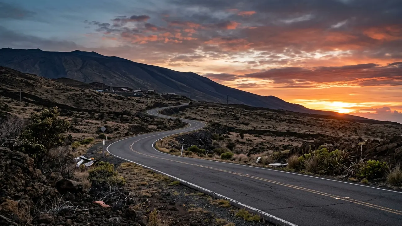 Paved Maunakea Access Road climbing toward the Visitor Information Station at sunset, the route travelers take when getting to Mauna Kea from Saddle Road