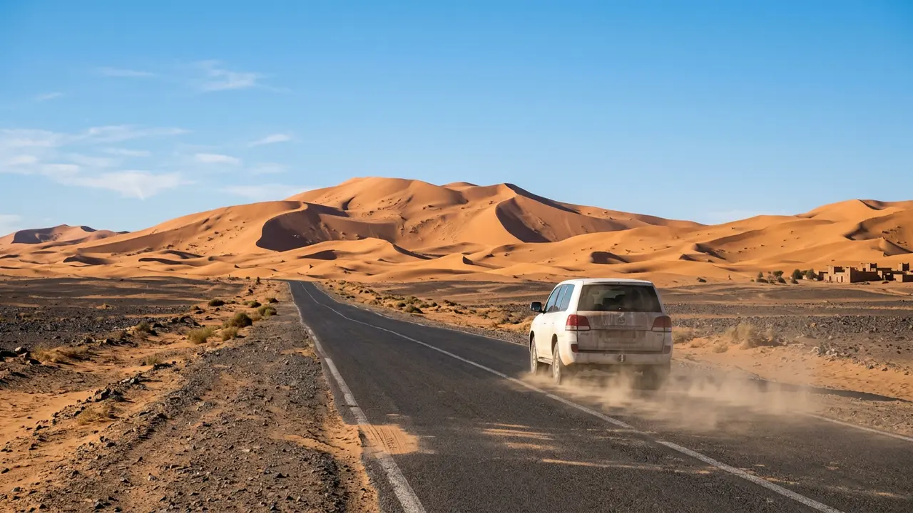 A sandy desert highway stretching toward the dunes of Erg Chebbi near Merzouga, Morocco, with a lone car kicking up dust under a clear sky, illustrating the long overland drive when getting to Merzouga