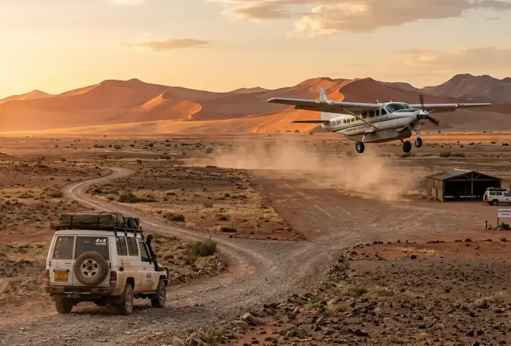 A light-aircraft charter descending toward a dusty bush airstrip beside red Namib dunes at sunset, illustrating the two ways of getting to NamibRand: fly-in charter or a multi-hour gravel-road self-drive