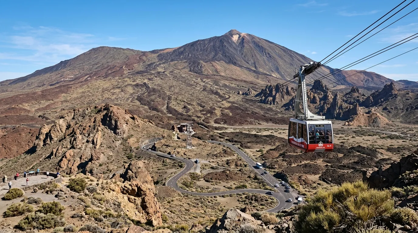 Winding road through Teide National Park at golden hour with the Teide volcano rising in the background, getting to Teide from Tenerife airport, mountain road with sparse vegetation and volcanic terrain