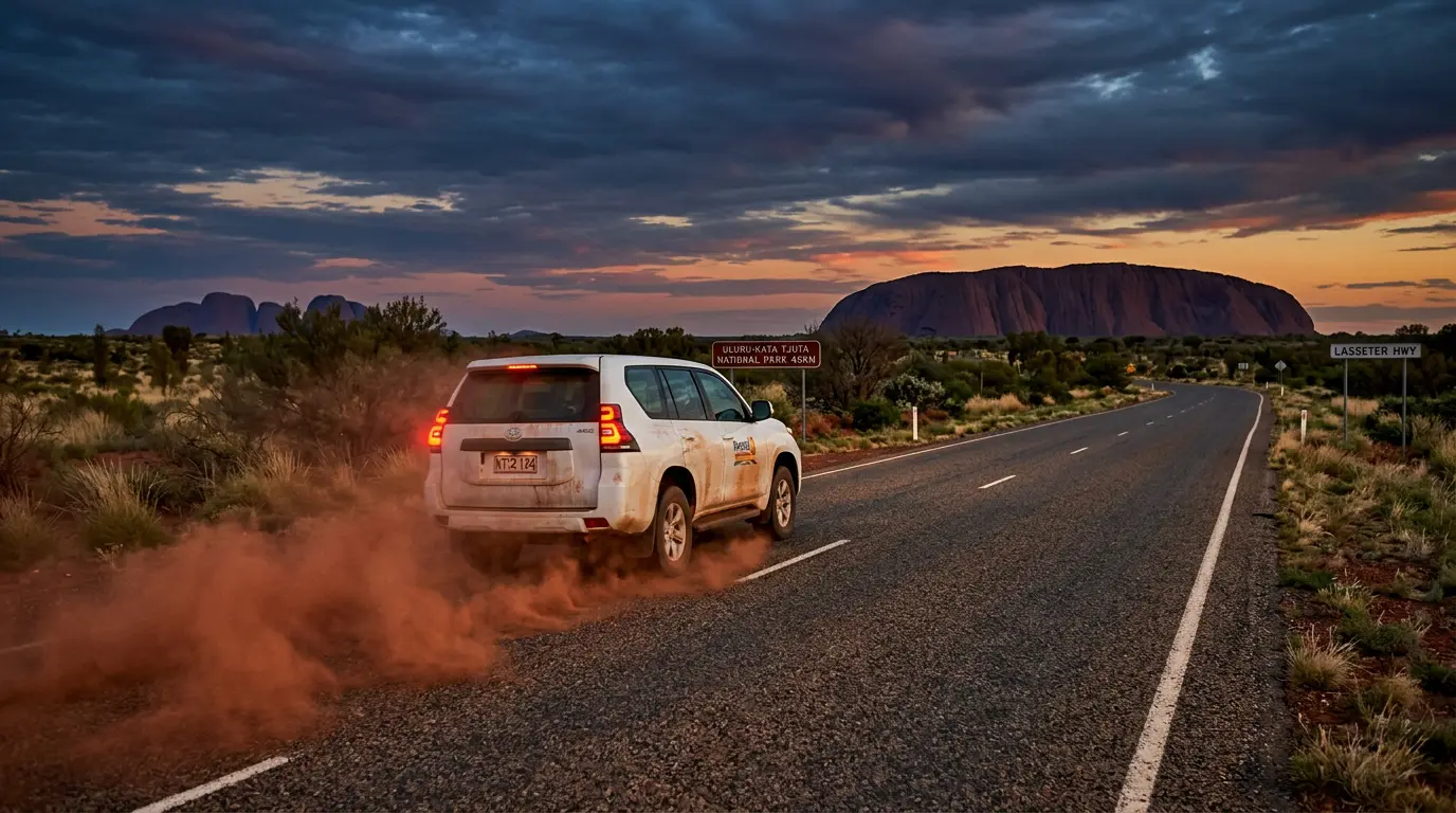 Rental car kicking up red dust on the sealed highway toward Uluru at dusk, capturing the drive for getting to Uluru from Alice Springs under a darkening outback sky