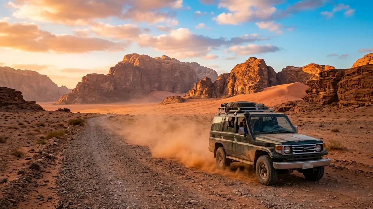A dusty desert highway leading toward the red sandstone mountains of Wadi Rum at golden hour, a lone SUV kicking up dust on the road, illustrating the drive when getting to Wadi Rum from Aqaba or Amman