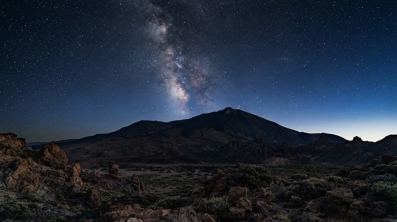 Teide volcano's dark silhouette under a star-filled sky at blue hour, the Milky Way rising above the caldera, evoking the Guanche star myths Tenerife is known for, where Guayota was said to be imprisoned inside the volcano