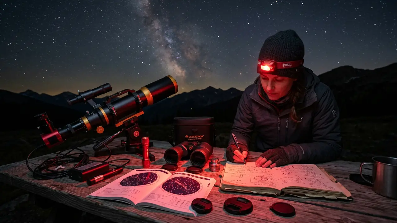 A stargazer's table covered with astrophotography gear — telescope, binoculars, star charts — under a night sky