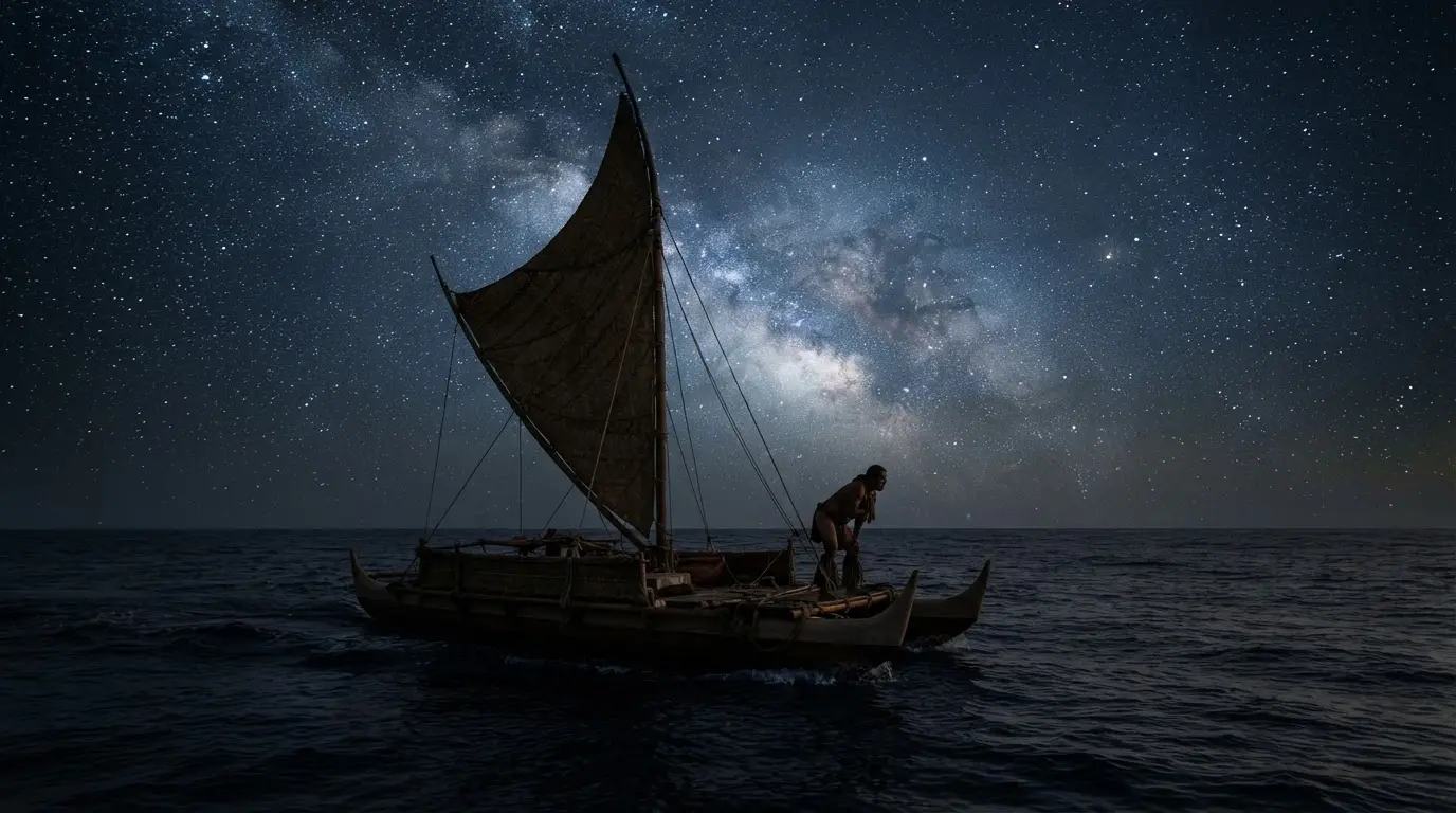 Hawaiian star navigation and wayfinding scene: a double-hulled voyaging canoe Hōkūleʻa sailing beneath a dense star field over open Pacific water at night, sail silhouetted against the Milky Way