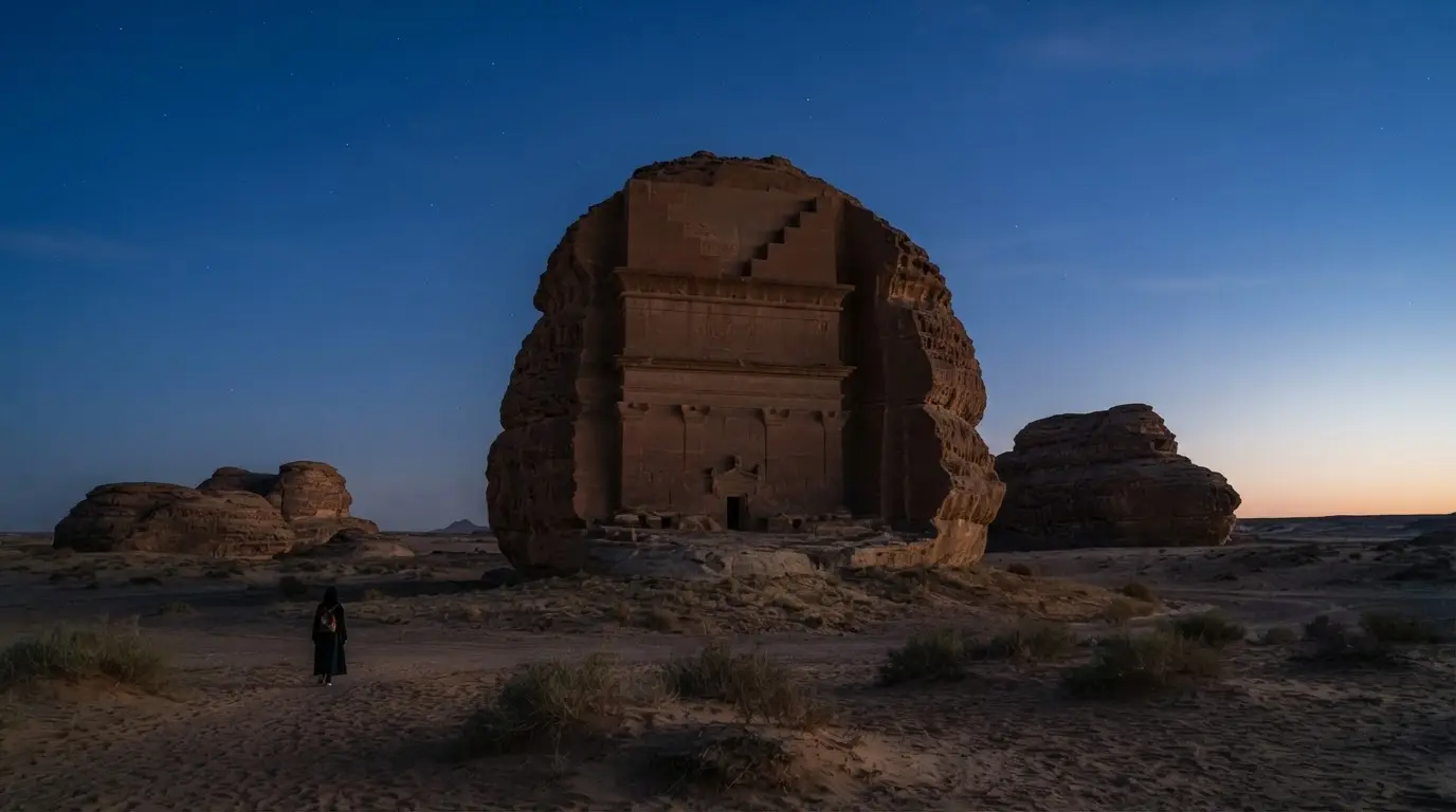 Charles Doughty at Hegra, AlUla history: an 1876 pilgrim caravan of camels beneath sandstone tomb facades at Mada'in Salih in low winter light