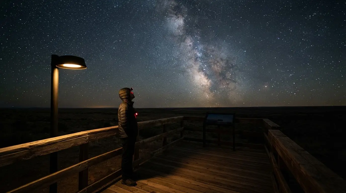 Milky Way over a protected dark-sky park at night, one shielded amber lamp beside a viewing platform and no sky glow on the horizon, illustrating dark sky certification requirements