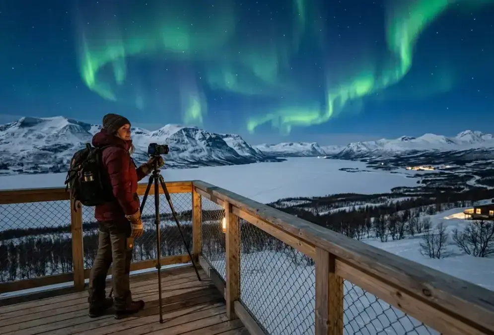 How many days in Abisko for northern lights: a solo traveler at the Aurora Sky Station viewing terrace above the treeline, aurora borealis overhead, Lake Torneträsk and snow-covered mountains visible below in Swedish Lapland