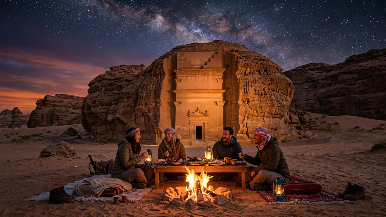 Photorealistic dusk view of a Nabataean tomb facade at Hegra with a desert campfire dinner scene in the foreground, illustrating how many days in AlUla for stargazing trips need to balance heritage-site touring with night-sky evenings