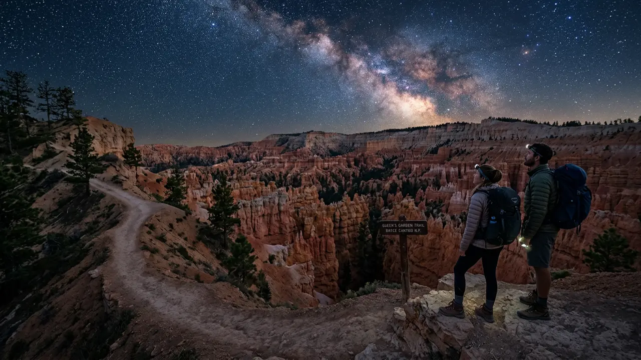 Hikers pausing on the Queen's Garden Trail at dusk as the Milky Way rises over Bryce Canyon's hoodoos, illustrating how many days for Bryce Canyon stargazing to plan