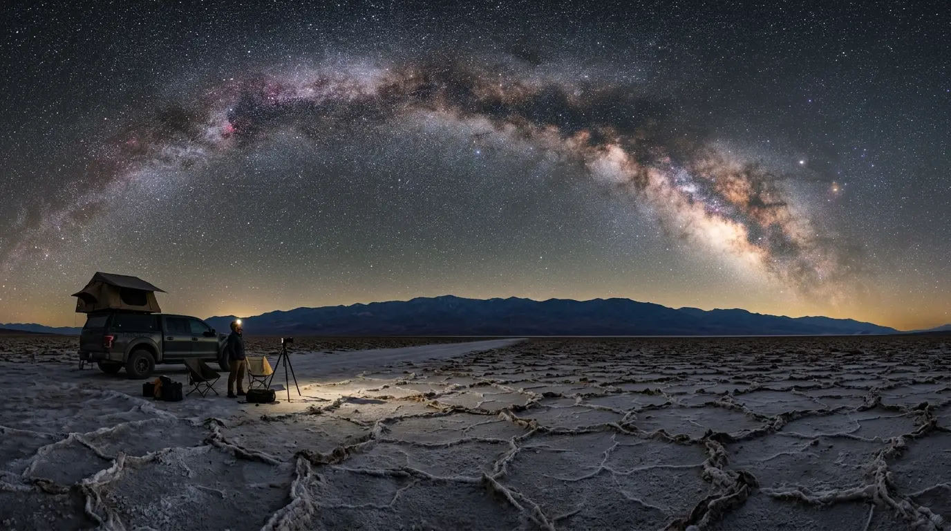 Night sky over Death Valley's Badwater Basin salt flats with the Milky Way arching overhead, illustrating how many days to plan for Death Valley stargazing across the park's Furnace Creek, Badwater, and Mesquite Flat zones