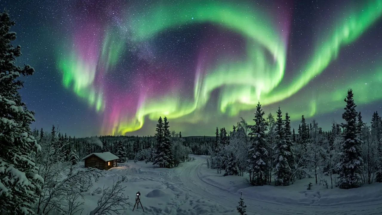 Vivid green and purple aurora borealis curtains sweeping overhead above a snow-covered boreal forest near Fairbanks Alaska at night, stars visible through gaps in the sky, illustrating how many nights in Fairbanks for northern lights