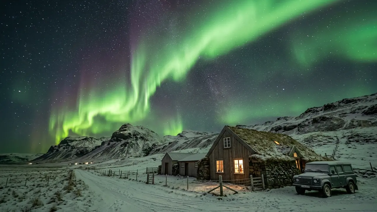 Green aurora curtain over a snow-dusted south-coast Iceland farmhouse near Vík at night, illustrating how many days Iceland northern lights trips need for one clear-sky window