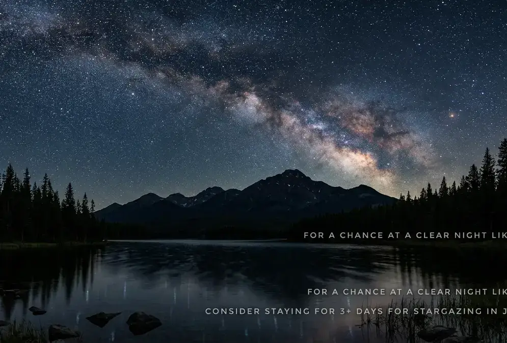 Photorealistic night view of a star-filled sky over Pyramid Lake in Jasper National Park, Canadian Rockies silhouetted against the Milky Way, showing how many days in Jasper for stargazing you need to catch a clear night like this