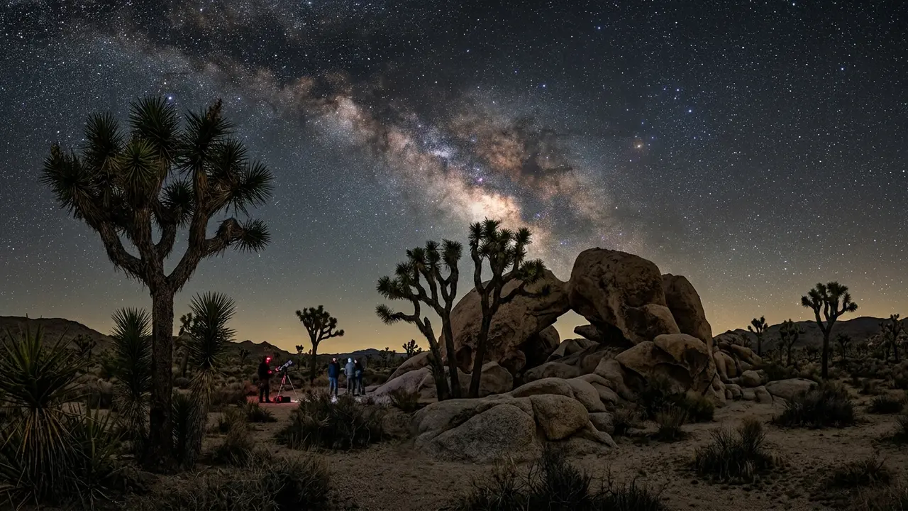 Milky Way rising over Joshua Tree's boulders at night, showing how many days in Joshua Tree are worth planning for a stargazing trip