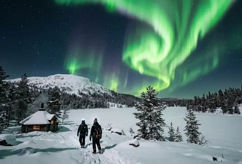 Green aurora curtain over a snow-covered Lapland fell near Rovaniemi at night, illustrating how many days Lapland northern lights trips need for real odds