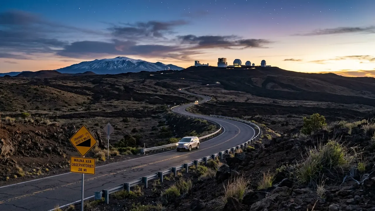 A Big Island road trip itinerary illustrating how many days Mauna Kea stargazing really needs, with Saddle Road climbing toward the summit observatories at dusk