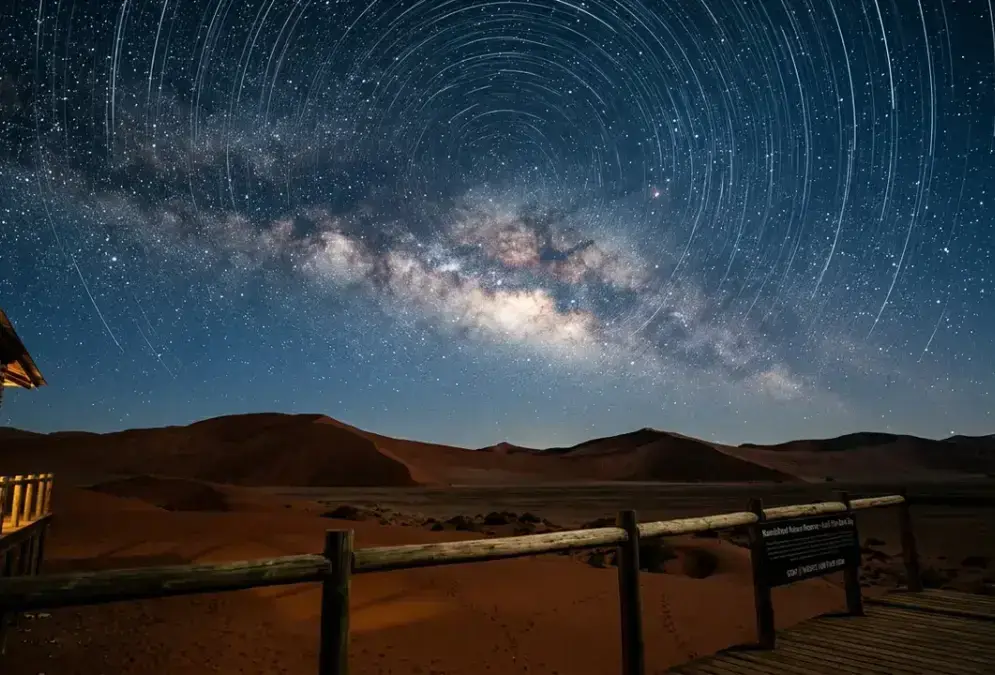 Milky Way and star trails over red dunes near a NamibRand Nature Reserve lodge deck at night, showing how many days for NamibRand stargazing travelers need to see skies this dark in Namibia's Gold Tier reserve