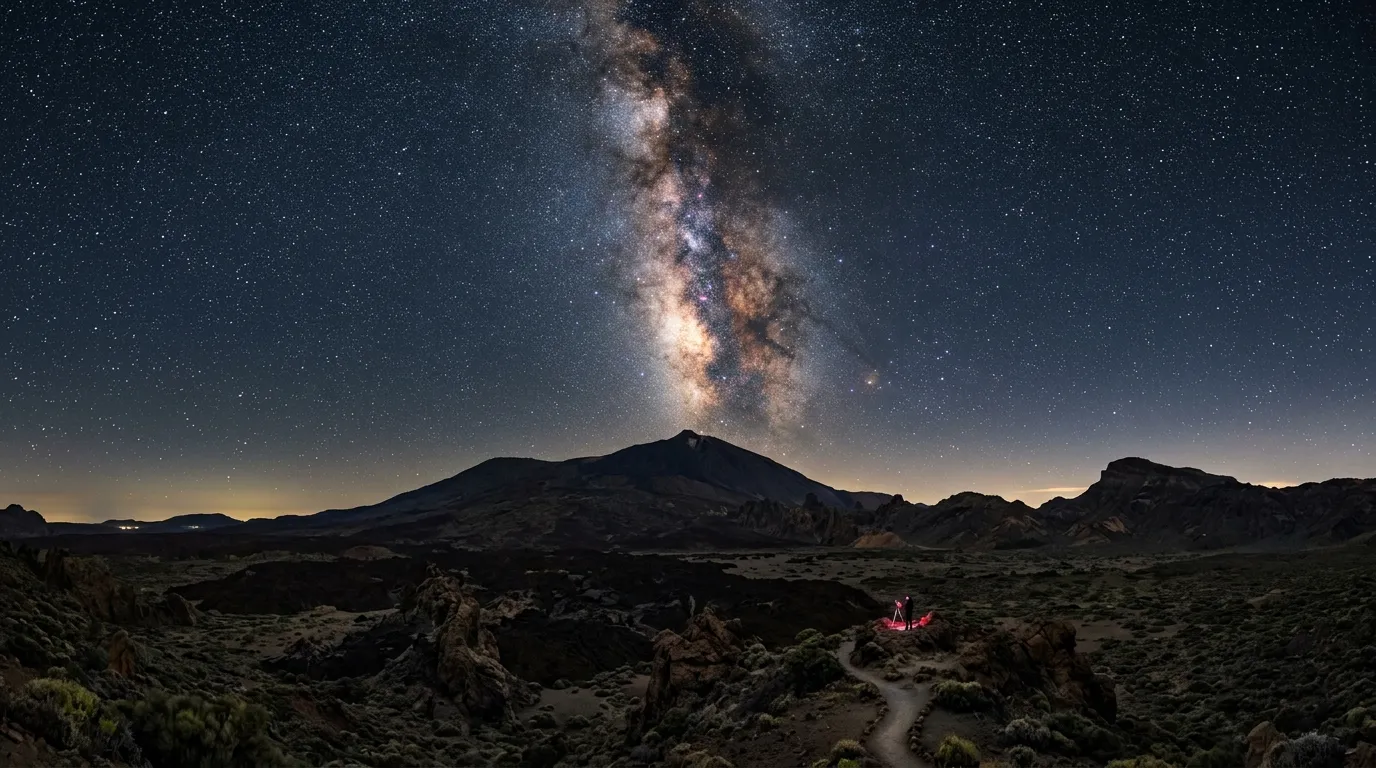 Photorealistic wide-angle nightscape of the Teide caldera at 2,300 metres on a clear summer night, Milky Way galactic core sharply defined overhead with visible dust lanes, volcanic rock formations in the foreground, no moon, Bortle 2 sky, illustrating how many days in Tenerife for stargazing produce this view