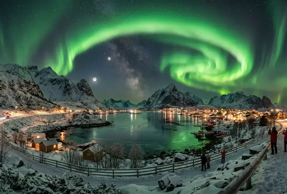Green aurora borealis curtain arching over a snow-covered fjord landscape in Tromsø, Norway at night, illustrating how many days in Tromsø for northern lights gives the best probability of a sighting.