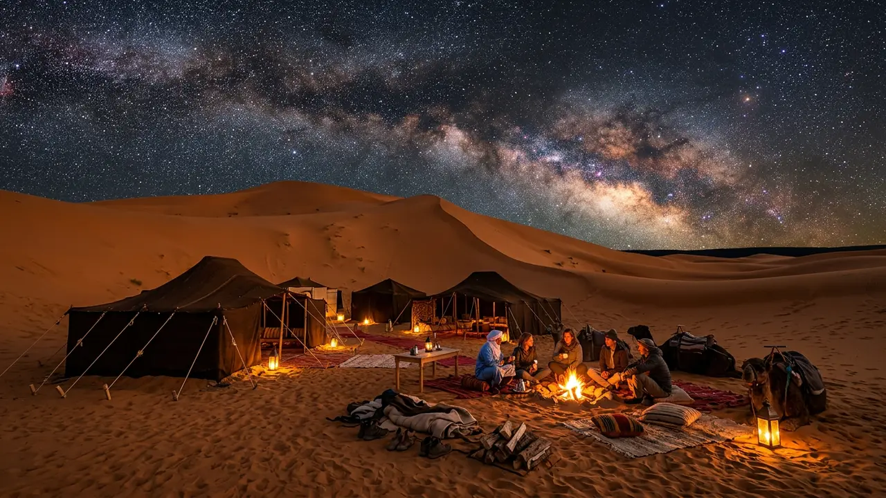 Erg Chebbi desert camp under a dense Milky Way near Merzouga, Morocco, illustrating how many nights in Merzouga for stargazing are worth planning