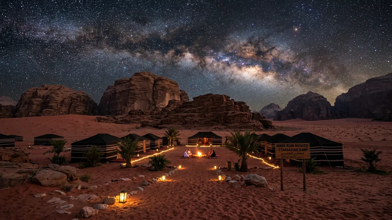 Wadi Rum desert camp under a dense Milky Way at night, illustrating how many nights in Wadi Rum for stargazing are worth planning
