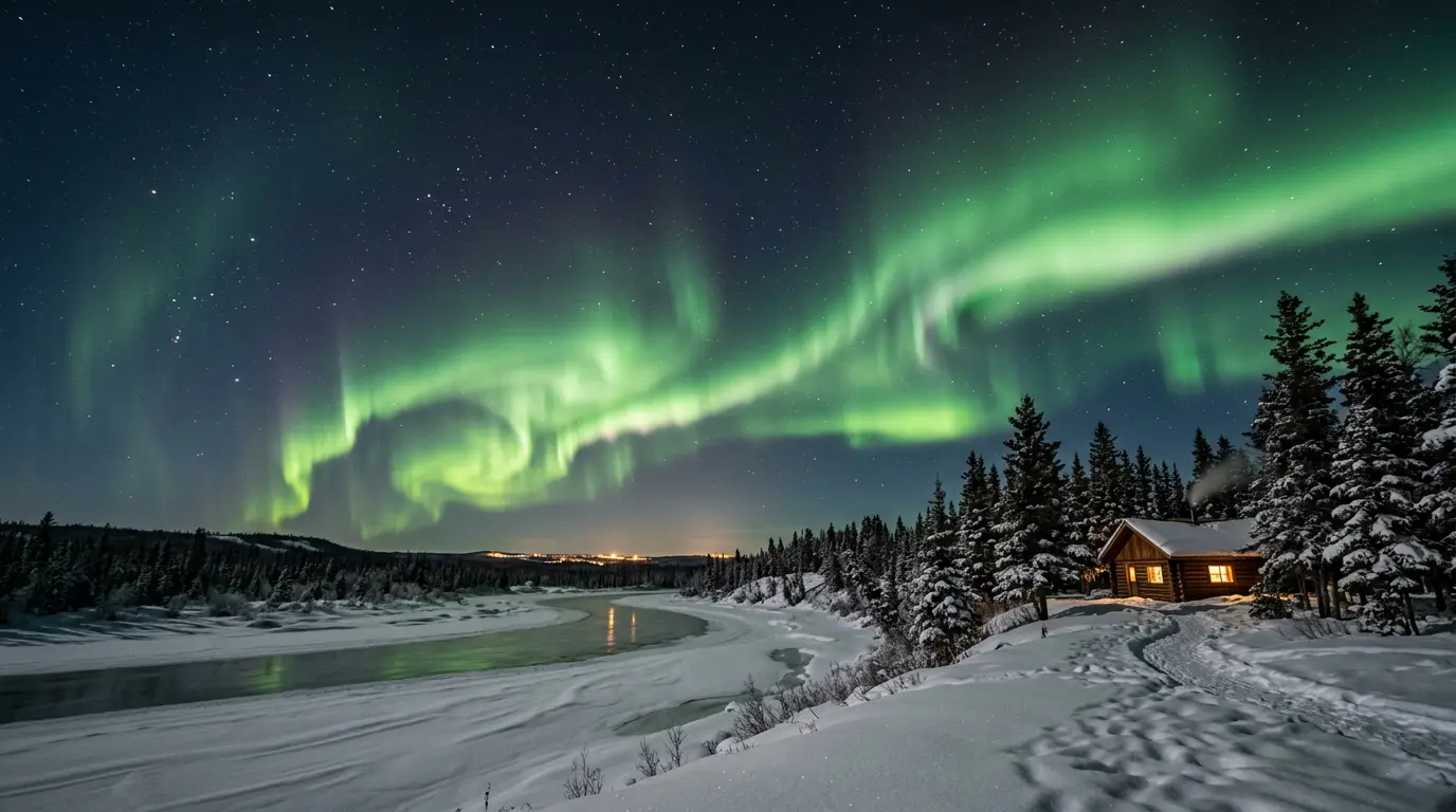 Bright green and purple aurora borealis curtains sweeping overhead above a snow-covered boreal forest with a frozen lake reflecting the display near Yellowknife, Northwest Territories, illustrating how many nights in Yellowknife for northern lights probabilities and trip planning