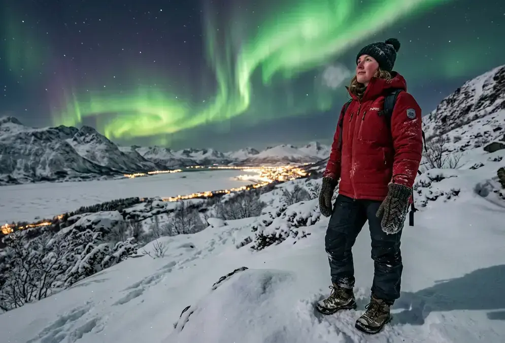 A figure in a layered red thermal jacket and thick wool mittens stands on a snow-covered hillside outside Tromsø at polar night, green aurora borealis filling the sky overhead, illustrating how to dress for arctic winter in Tromsø for aurora viewing