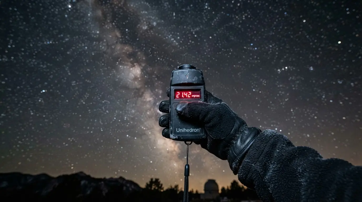 Close-up of a handheld Sky Quality Meter glowing red as it reads the night sky at zenith, demonstrating how to measure light pollution against a backdrop of stars and a faint Milky Way band