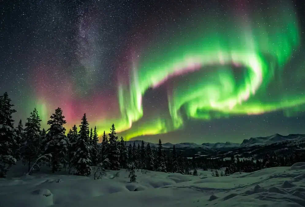 A green and pink aurora borealis curtain rippling over a snow-covered high-latitude landscape, illustrating how to see the northern lights during a strong geomagnetic storm.