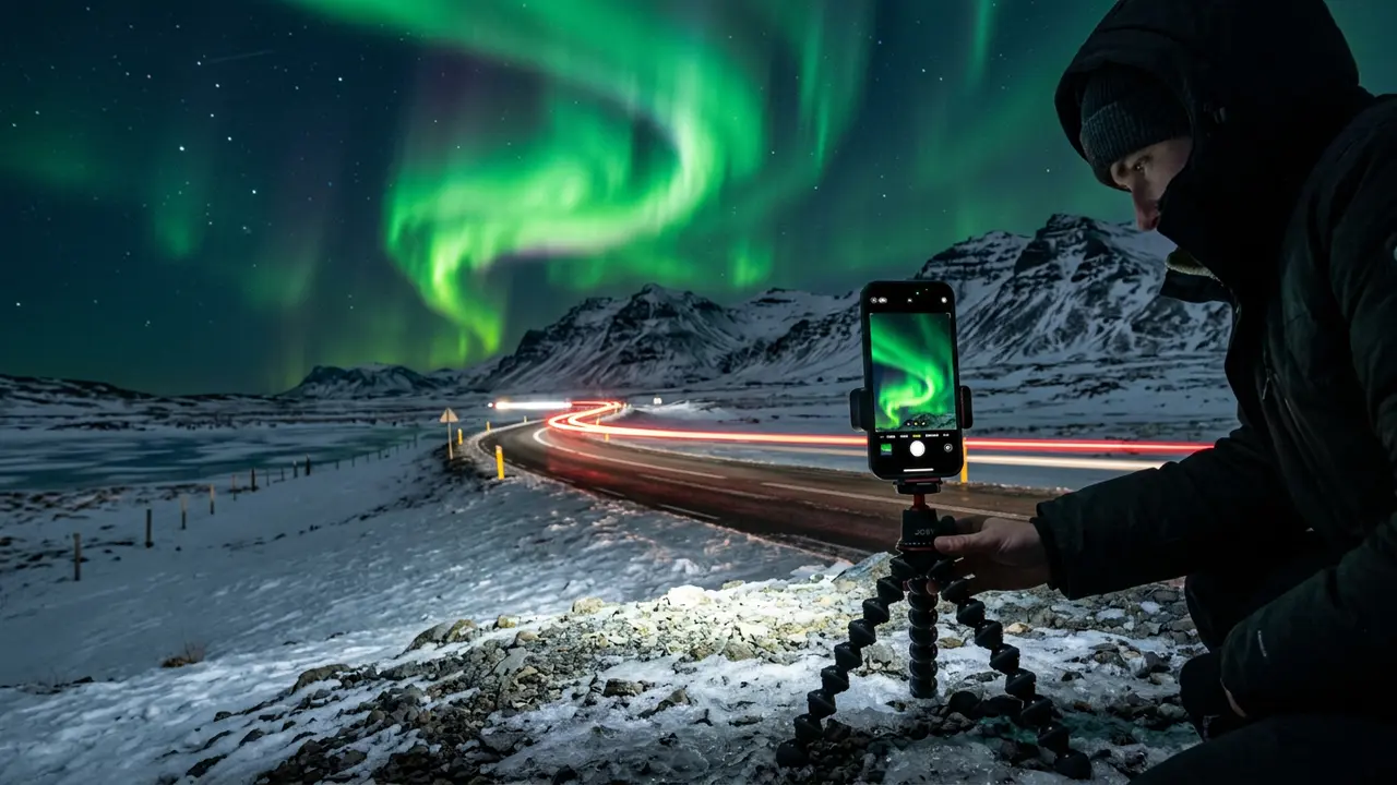 Iceland aurora smartphone photography in action: an iPhone mounted on a mini tripod facing a vivid green aurora curtain over a snow-covered ring road at night.