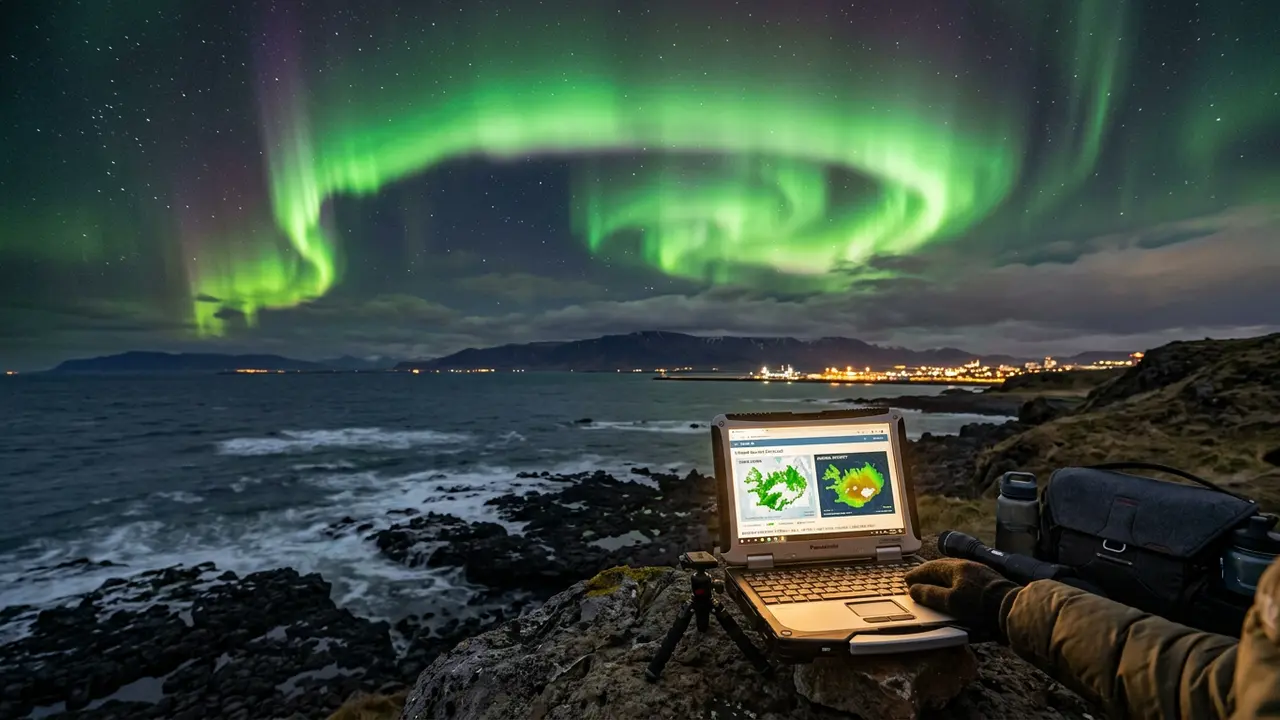 Green aurora curtain over an Icelandic coastal landscape with a laptop showing the Iceland aurora forecast on vedur.is, cloud cover map and aurora activity map side by side