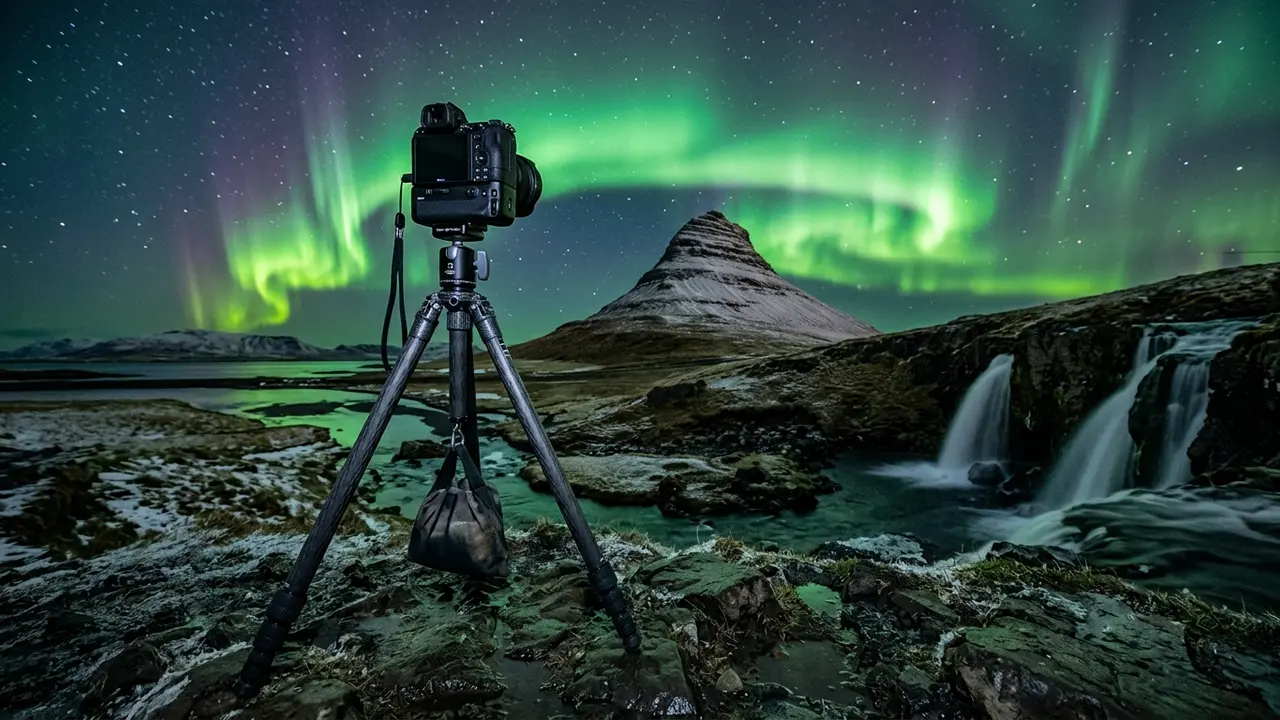 Iceland aurora photography gear setup: a full-frame camera and 14mm lens on a weighted carbon-fiber tripod, framing a green aurora curtain over Kirkjufell mountain against a starlit sky.