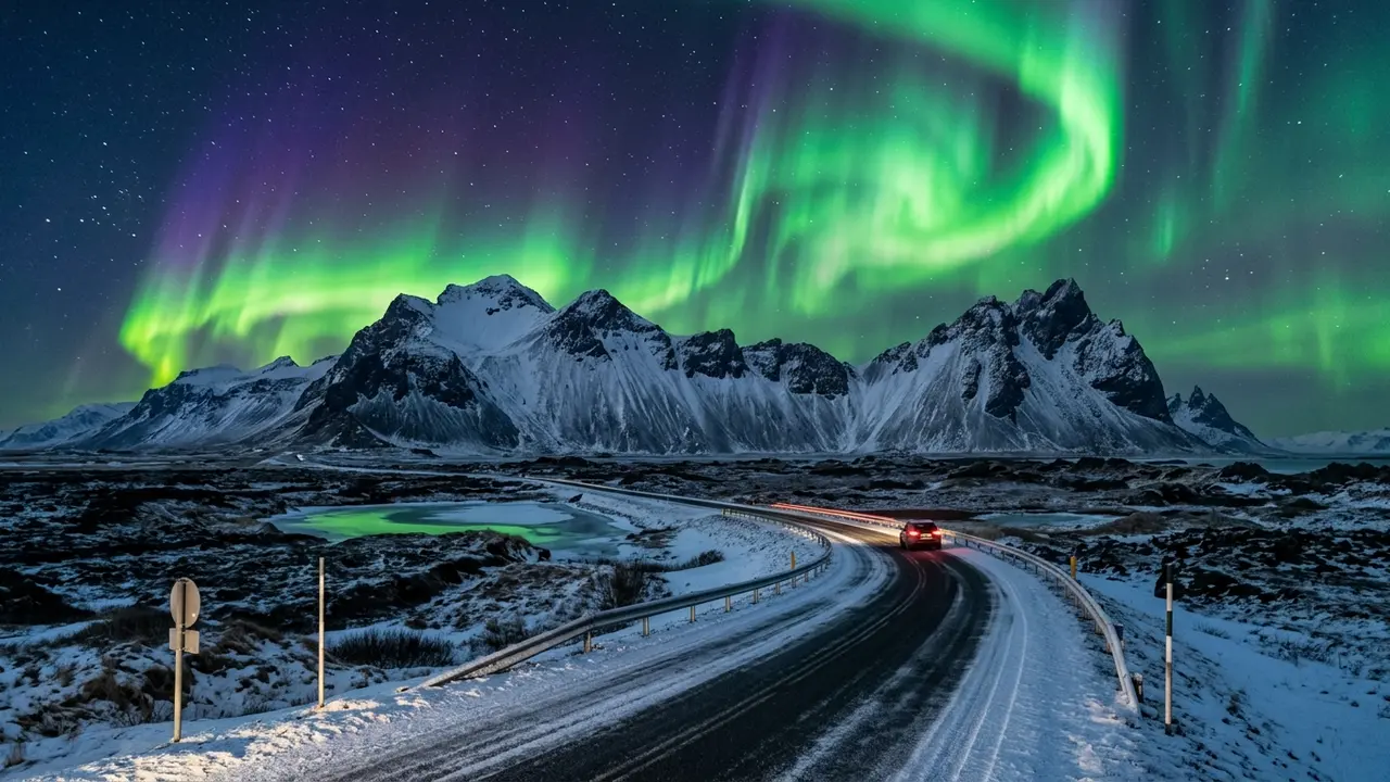 Vivid green and violet northern lights over Iceland, glowing above a snow-covered highway and dark volcanic landscape in winter