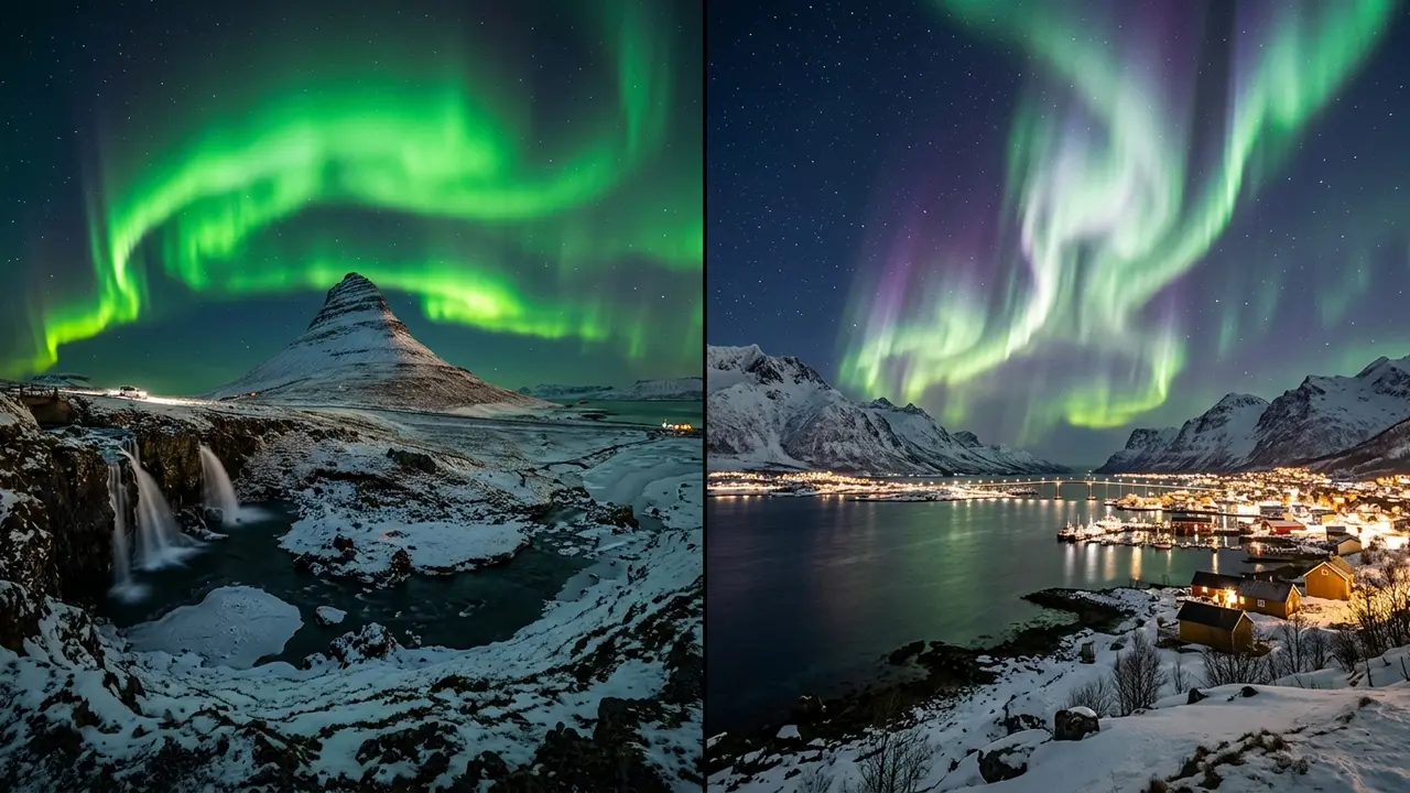 Iceland northern lights vs Norway comparison: green aurora over Icelandic volcanic terrain on the left, aurora over a Tromsø fjord in Arctic Norway on the right