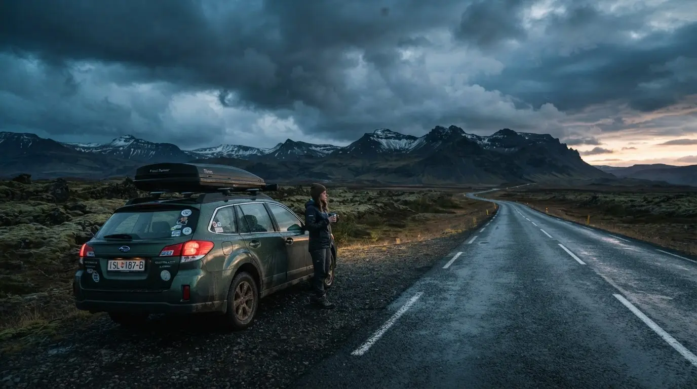 A solo driver's car alone on Iceland's Ring Road in October, dusk light falling early over an empty highway toward distant mountains