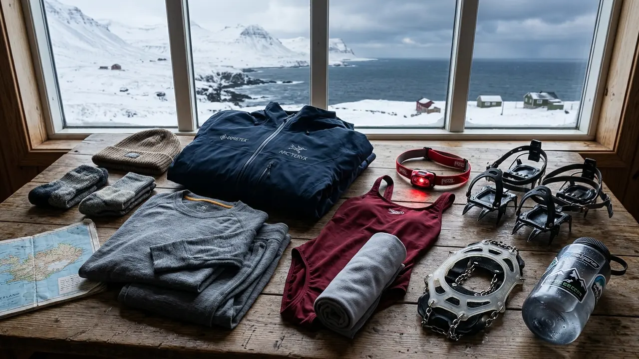 Flat-lay of Iceland winter packing list gear: a waterproof Gore-Tex shell jacket, merino wool base layers, crampons, ice spikes, a red-light headlamp, and a swimsuit for the Blue Lagoon, arranged on a wooden surface with a snowy Icelandic coastline visible through a window