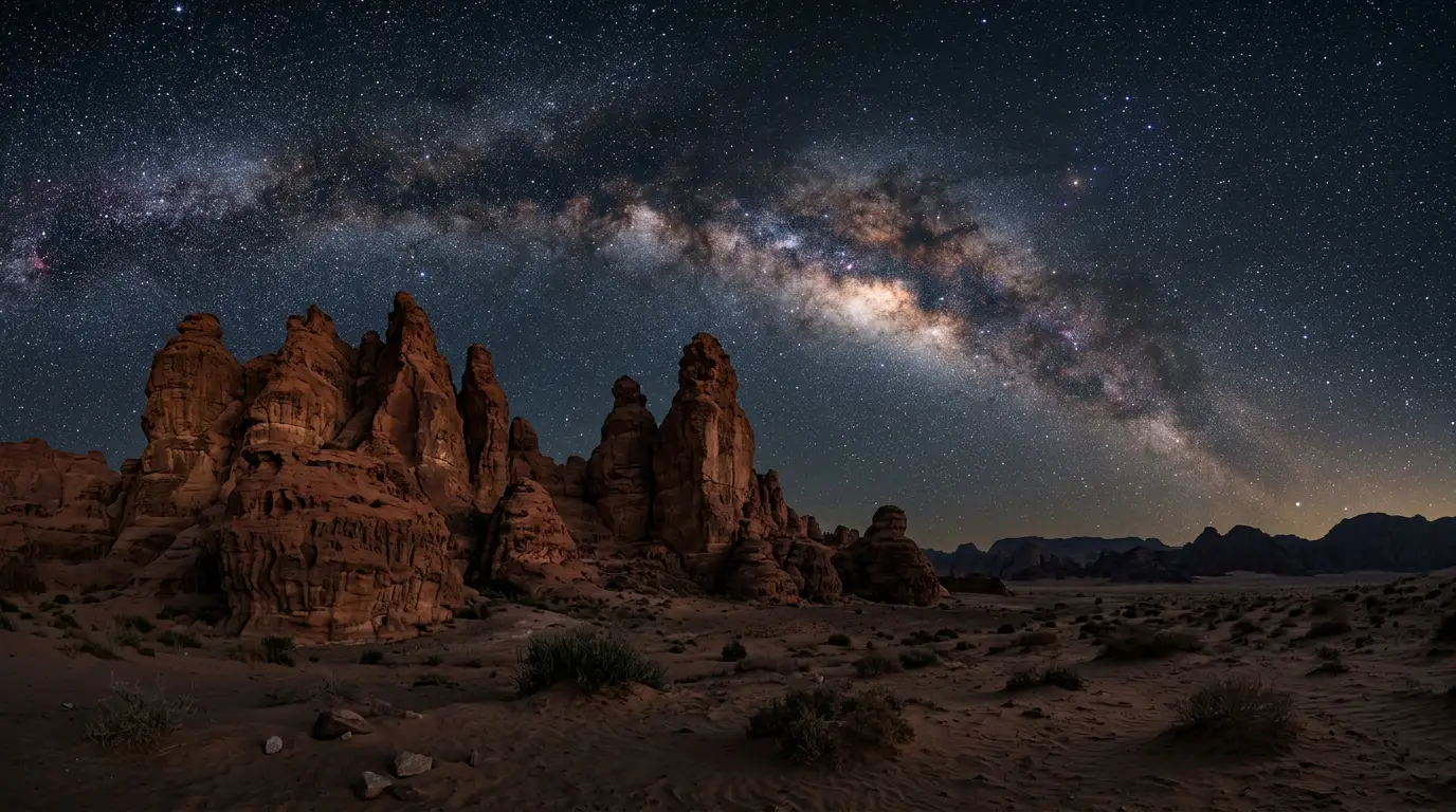 Photorealistic desert night scene above AlUla's Gharameel rock formations, Milky Way arching over red sandstone, illustrating whether AlUla is worth it for stargazing