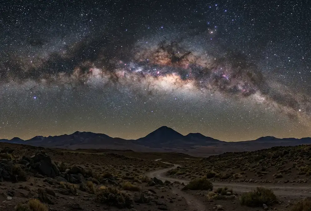 Is the Atacama worth it? Milky Way galactic core arching over volcanic peaks near San Pedro de Atacama, Bortle-1 darkness, Chile