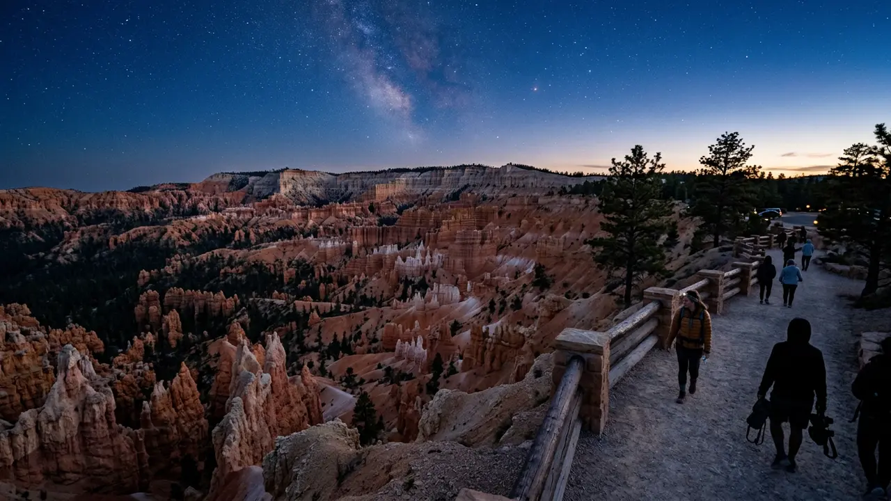 Is Bryce Canyon worth it for stargazing? A blue-hour photo of the hoodoo amphitheater rim emptying of day visitors as the first stars appear over the spires.
