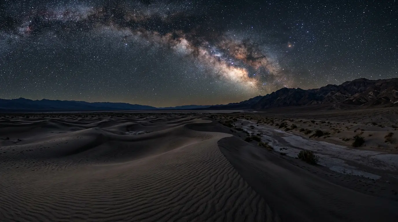 Is Death Valley worth it for stargazing? Wide desert view of Mesquite Flat Sand Dunes under a star-streaked Milky Way sky, dry lakebed stretching to distant mountains lit only by starlight.
