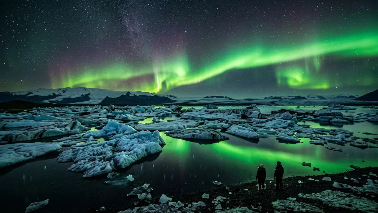 Aurora borealis over Jökulsárlón glacier lagoon in Iceland at night, illustrating whether Iceland is worth it for northern lights, green auroral bands reflected in ice-choked black water under a star-filled sky
