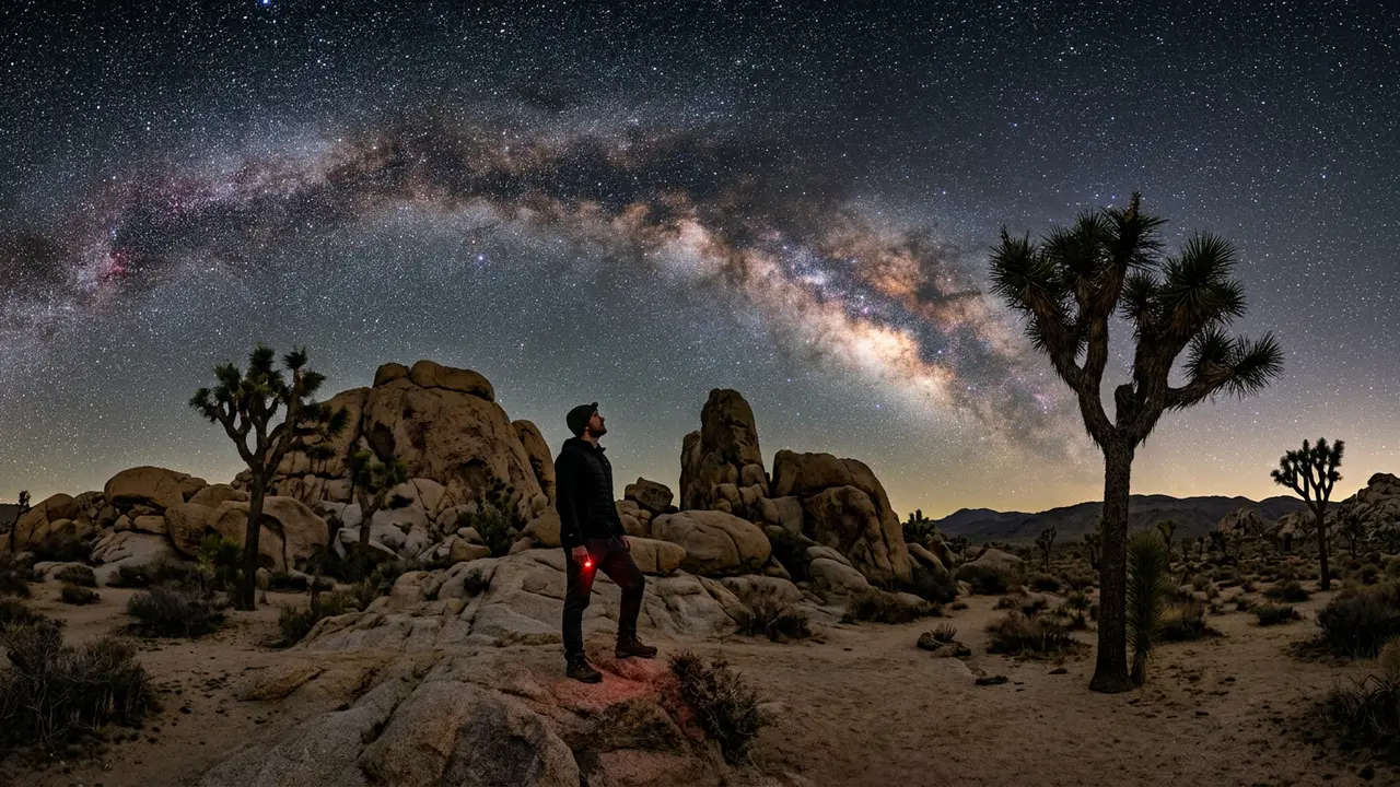 Is Joshua Tree worth it for stargazing? A boulder-strewn desert night sky glowing faintly with distant city light beyond dark Joshua tree silhouettes
