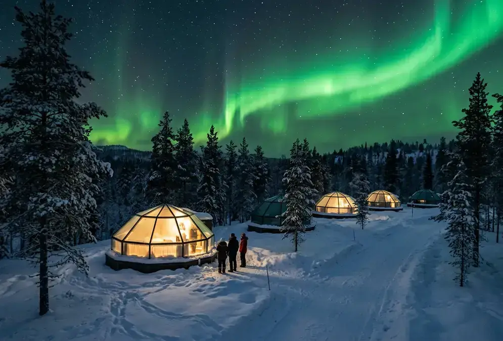 A green aurora curtain over a snow-covered glass igloo resort in Finnish Lapland at night, silhouetted pine forest, the scene answering is Lapland worth it for the northern lights