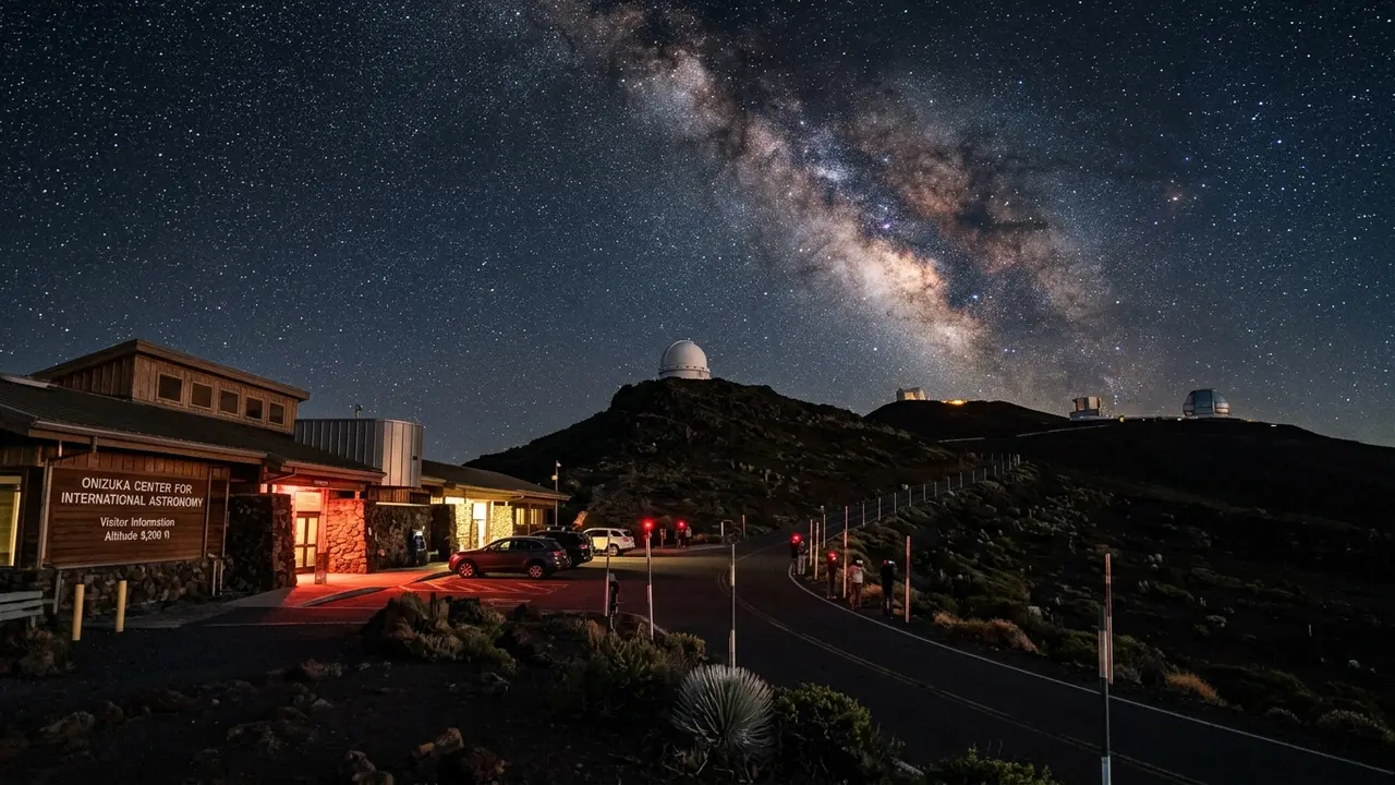 Is Mauna Kea worth it for stargazing: Milky Way rising above the Onizuka Visitor Information Station at 9,200 feet, summit observatories visible on the ridge above