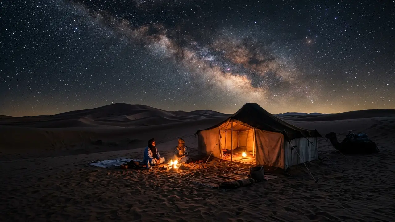 Photorealistic Sahara night sky over Erg Chebbi dunes near Merzouga, Morocco, a lit Berber desert camp tent below a dense Milky Way, illustrating whether Merzouga is worth it for stargazing